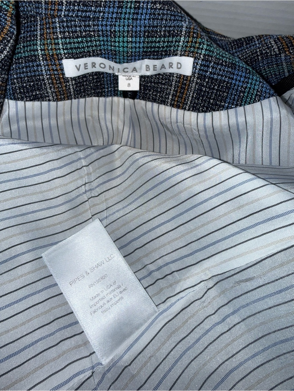 VERONICA BEARD Dickey Blue Plaid MARTEL Ruched Slv Cotton Linen Blazer Jacket 8 - Picture 14 of 16
